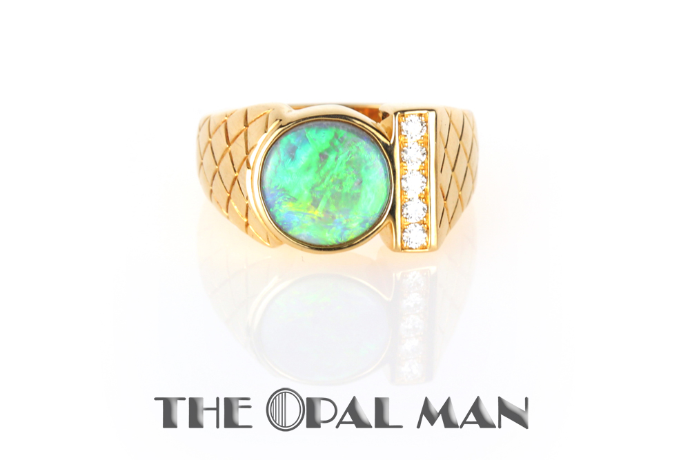 enke Lingvistik skøn 14K Gold Ring with Bright Semi-Black Australian Opal and Four Diamonds -  Contemporary Design - The Opal Man