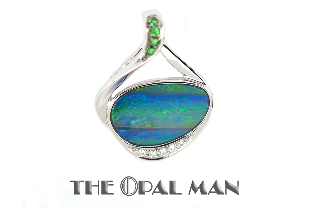 Striped Australian Opal Doublet Pendant In 14K White Gold With Tsavorite - The Opal Man