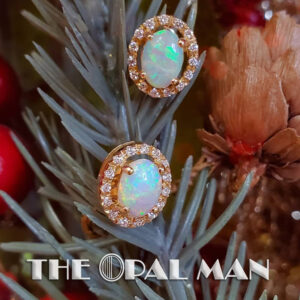 The Opal Man. Australian Crystal Opal and Diamond Halo Yellow Gold Earrings