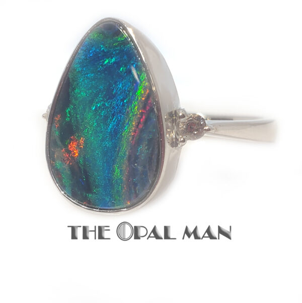 Intriguing Multicolored Pear-Shaped Australian Opal Doublet In Sterling Silver Ring - 200-02368 - Image 3