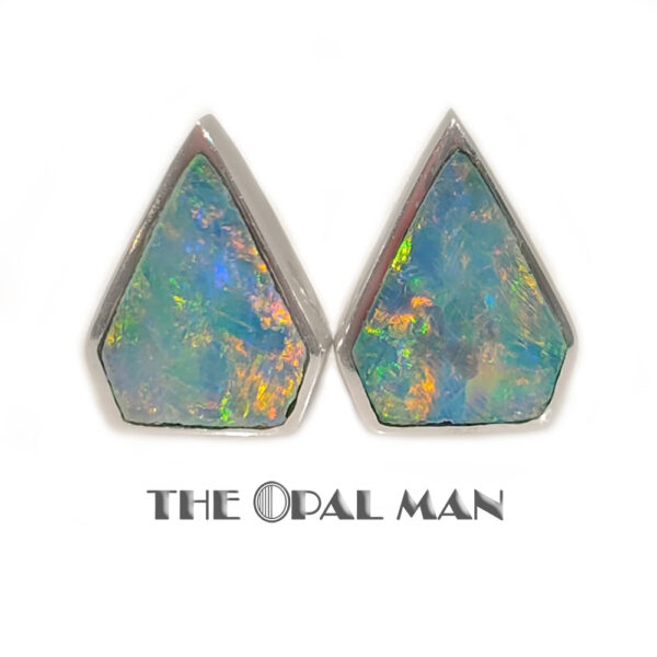 Striking 14K White Gold Stud Earrings With Pastel Multicolored Australian Opal Doublets - 423-00394