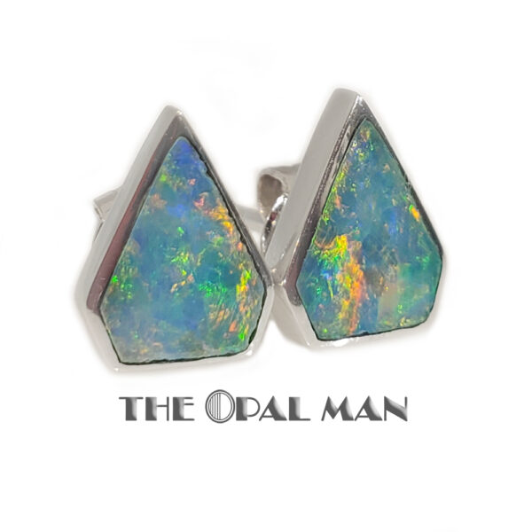 Striking 14K White Gold Stud Earrings With Pastel Multicolored Australian Opal Doublets - 423-00394 - Image 2