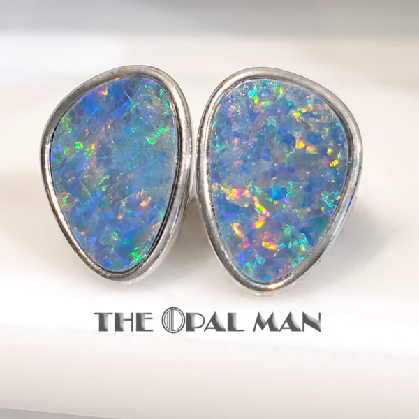 Kaleidoscopic Australian Opal Doublets Sterling Silver Earrings - 210-03410 - Image 3