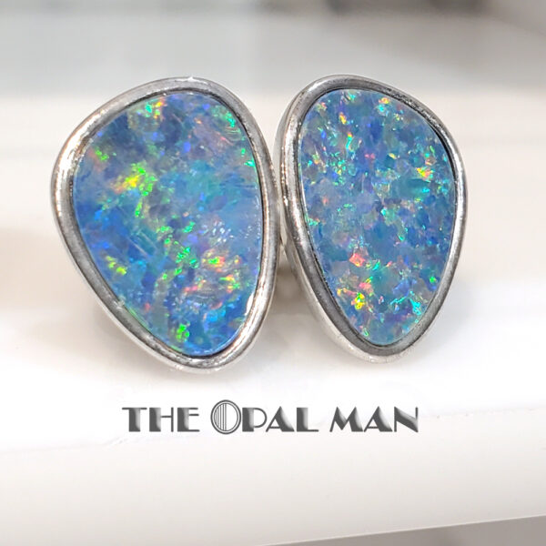 Kaleidoscopic Australian Opal Doublets Sterling Silver Earrings - 210-03410 - Image 2