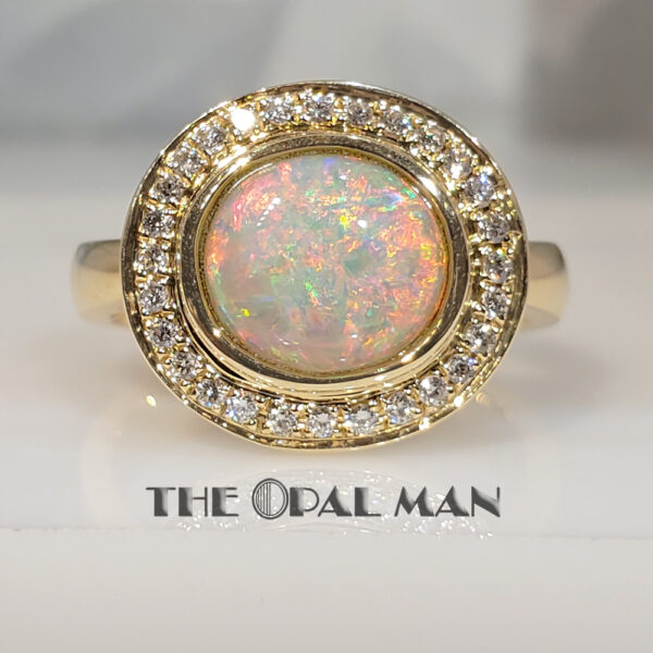 Magnificent Australian Crystal Opal 14K Yellow Gold Halo Ring - 421-2000036