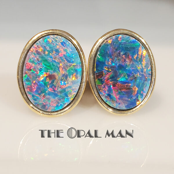 Color-Burst Australian Opal Doublet 14K Yellow Gold Stud Earrings - 423-00156