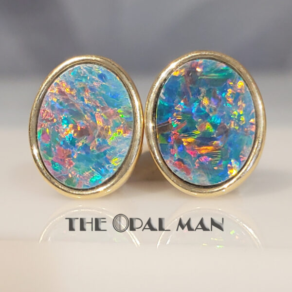 Color-Burst Australian Opal Doublet 14K Yellow Gold Stud Earrings - 423-00156 - Image 2