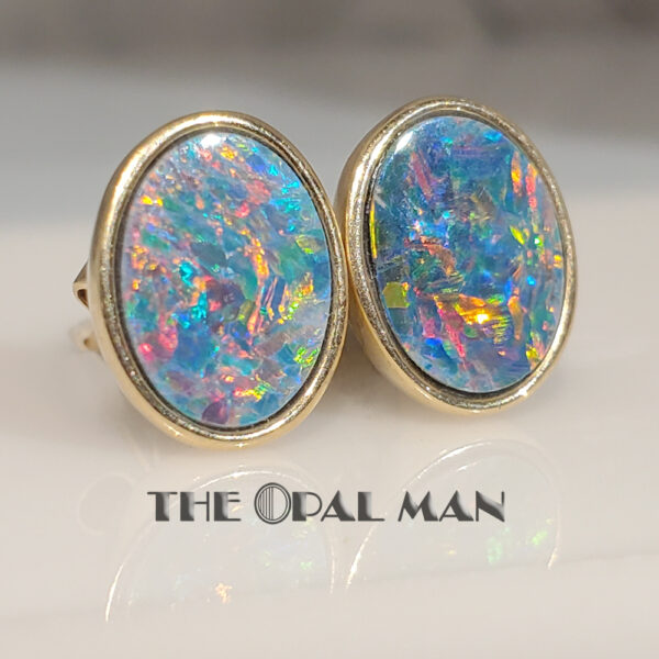 Color-Burst Australian Opal Doublet 14K Yellow Gold Stud Earrings - 423-00156 - Image 3