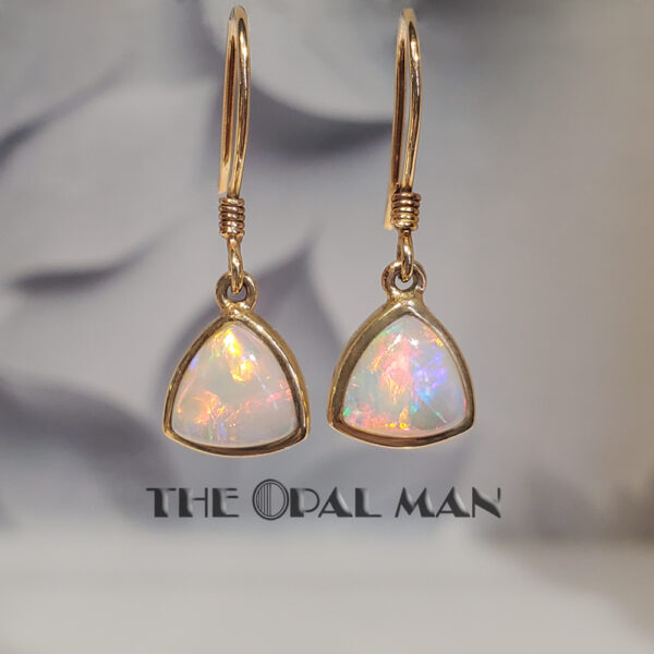 Glowing Triangular Australian Crystal Opal 14K Yellow Gold Dangle Earrings - 423-00181