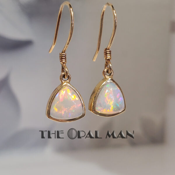 Glowing Triangular Australian Crystal Opal 14K Yellow Gold Dangle Earrings - 423-00181 - Image 2