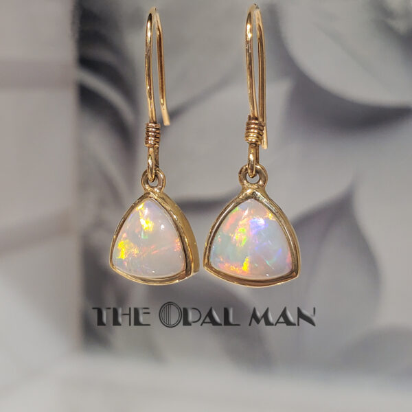 Glowing Triangular Australian Crystal Opal 14K Yellow Gold Dangle Earrings - 423-00181 - Image 3