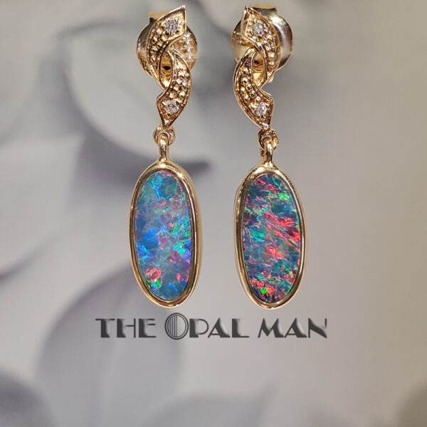 Fiery Blaze Australian Opal Doublet 14K Yellow Gold Dangle Earrings - 423-2000040