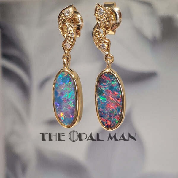 Fiery Blaze Australian Opal Doublet 14K Yellow Gold Dangle Earrings - 423-2000040 - Image 3