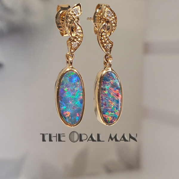 Fiery Blaze Australian Opal Doublet 14K Yellow Gold Dangle Earrings - 423-2000040 - Image 2