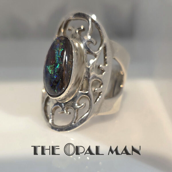 Medieval-Inspired Sterling Silver Ring With Green Blue Australian Boulder Opal - 200-01406 - Image 2
