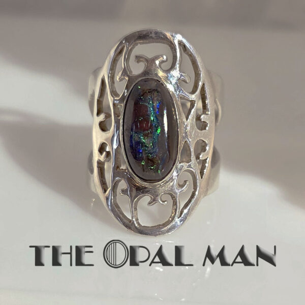Medieval-Inspired Sterling Silver Ring With Green Blue Australian Boulder Opal - 200-01406