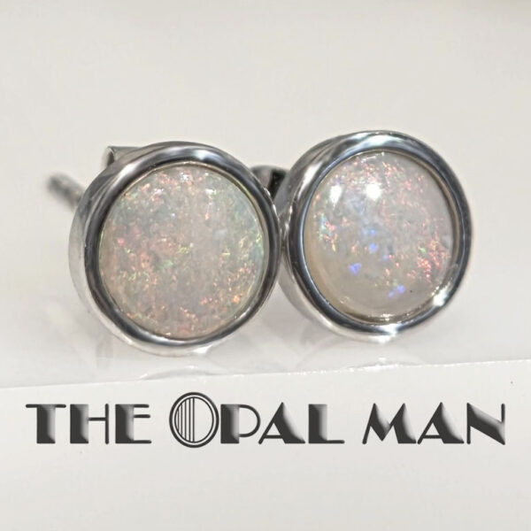 Sterling Silver Stud Earrings With Round Australian White Opals - 210-03901 - Image 2