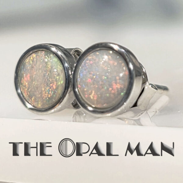 Sterling Silver Stud Earrings With Round Australian White Opals - 210-03901 - Image 3