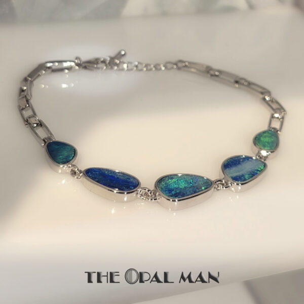 Sterling Silver Bracelet With 5 Green Blue Australian Opal Doublets - 240-00436 - Image 6