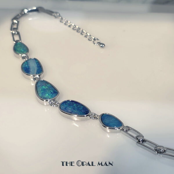 Sterling Silver Bracelet With 5 Green Blue Australian Opal Doublets - 240-00436 - Image 2