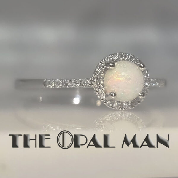 Dainty 14K White Gold Ring With One Round Multicolored Australian White Opal - 421-00307 - Image 4