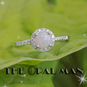 Dainty 14K White Gold Ring With One Round Multicolored Australian White Opal - 421-00307