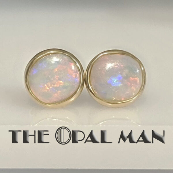 14K Yellow Gold Round Stud Earrings With Colorful Australian Crystal Opals - 423-00398 - Image 2