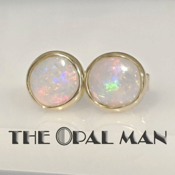 14K Yellow Gold Round Stud Earrings With Colorful Australian Crystal Opals - 423-00398 - Image 4