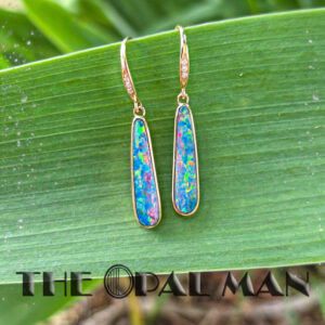 Regal Radiance 14K Yellow Gold Dangle Earrings With Australian Opal Doublets - 423-00402